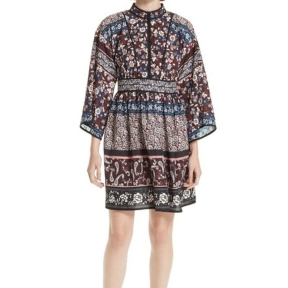 Kate Spade Madison Ave Patchwork Roseta Mini Dress Burgundy Russet Kimono XS 2